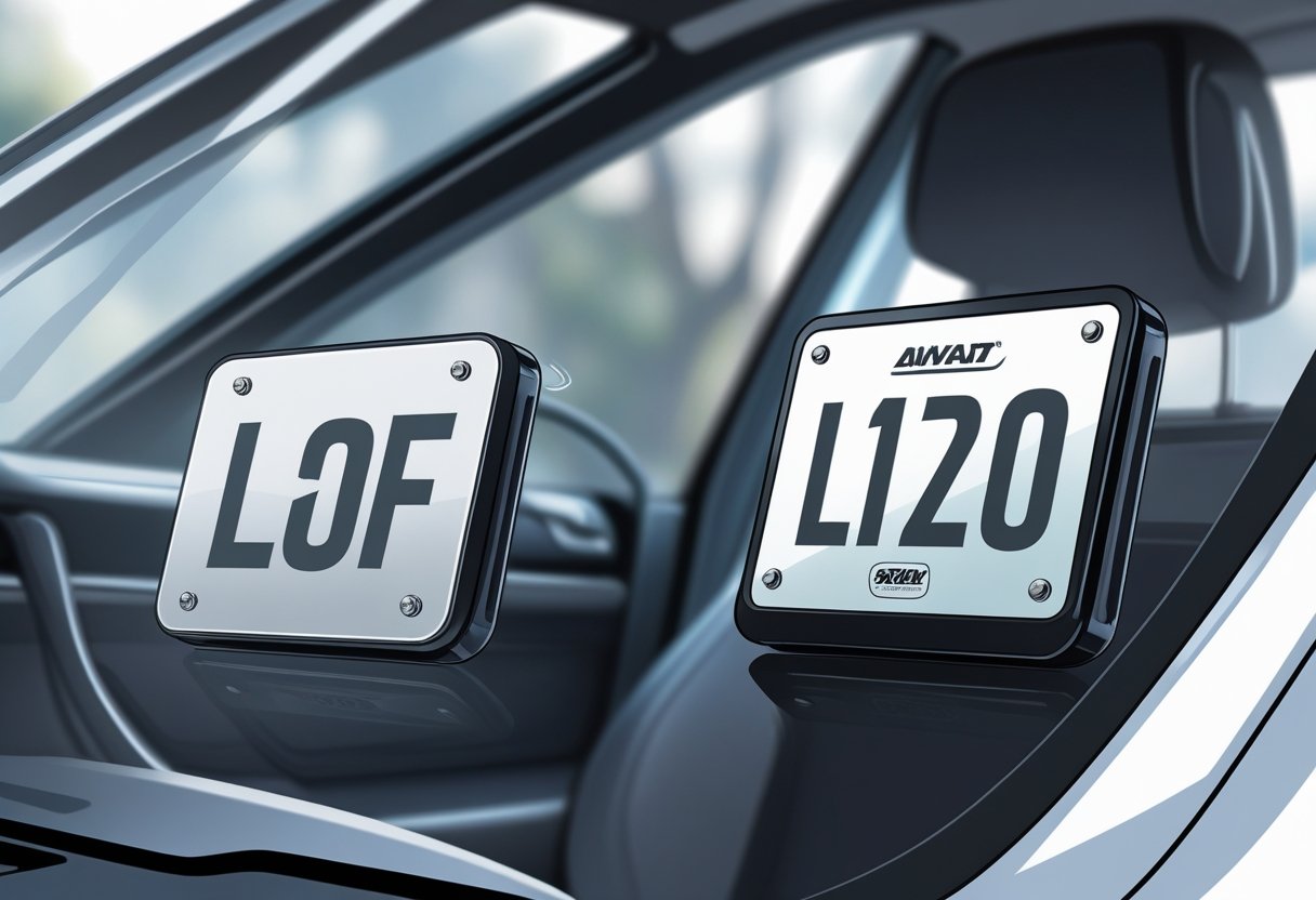 Close-up of a car's rear window showing two L-plates, one magnetic and one sticker-type, attached side by side.