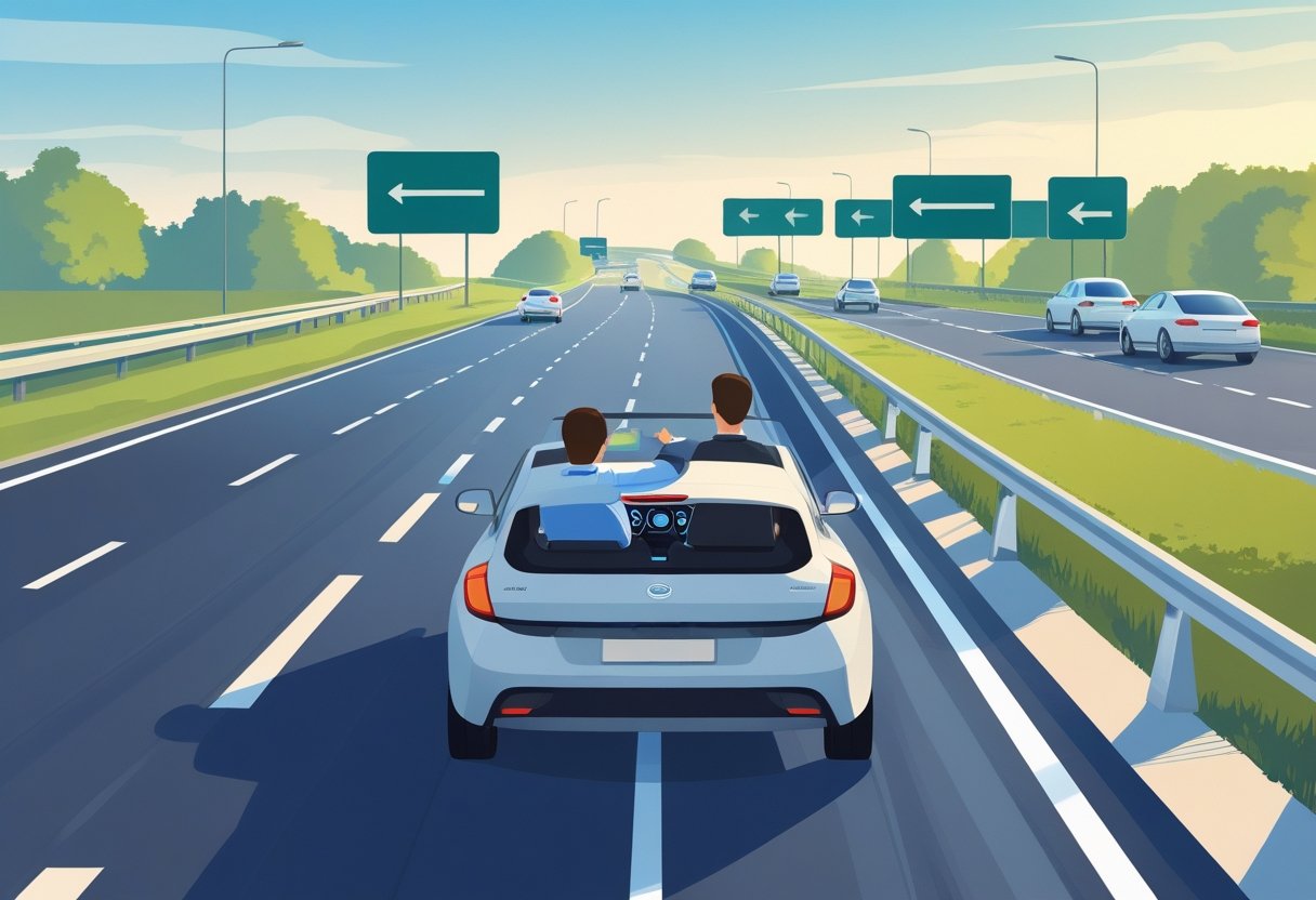 A car on a motorway with a driving instructor sitting beside the driver, surrounded by other vehicles and clear road markings.