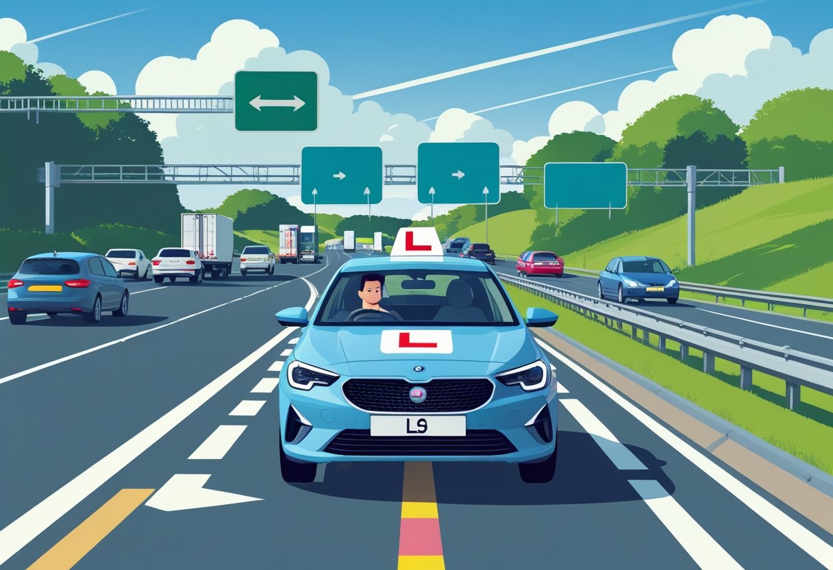 A learner driver and instructor in a car on a busy UK motorway with clear road signs and multiple vehicles.