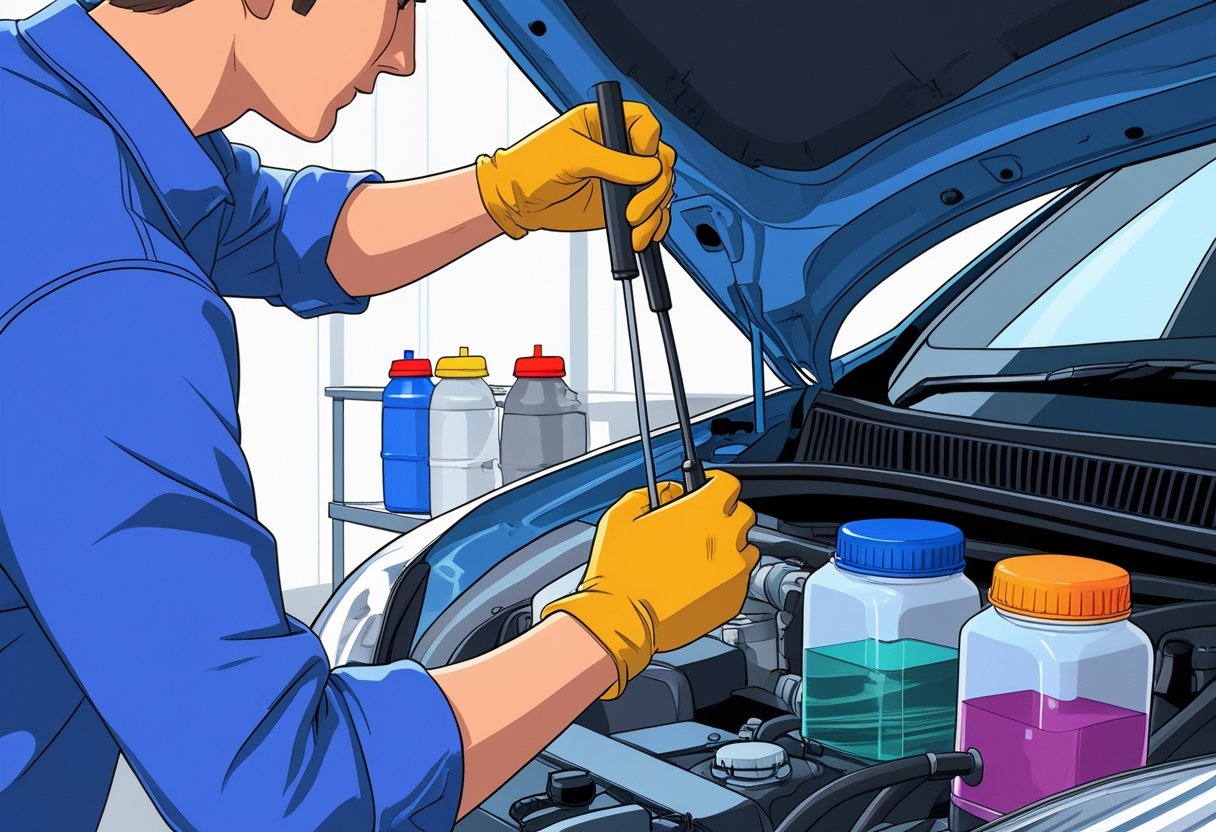 A person checking the fluid levels under the open hood of a car in a garage.