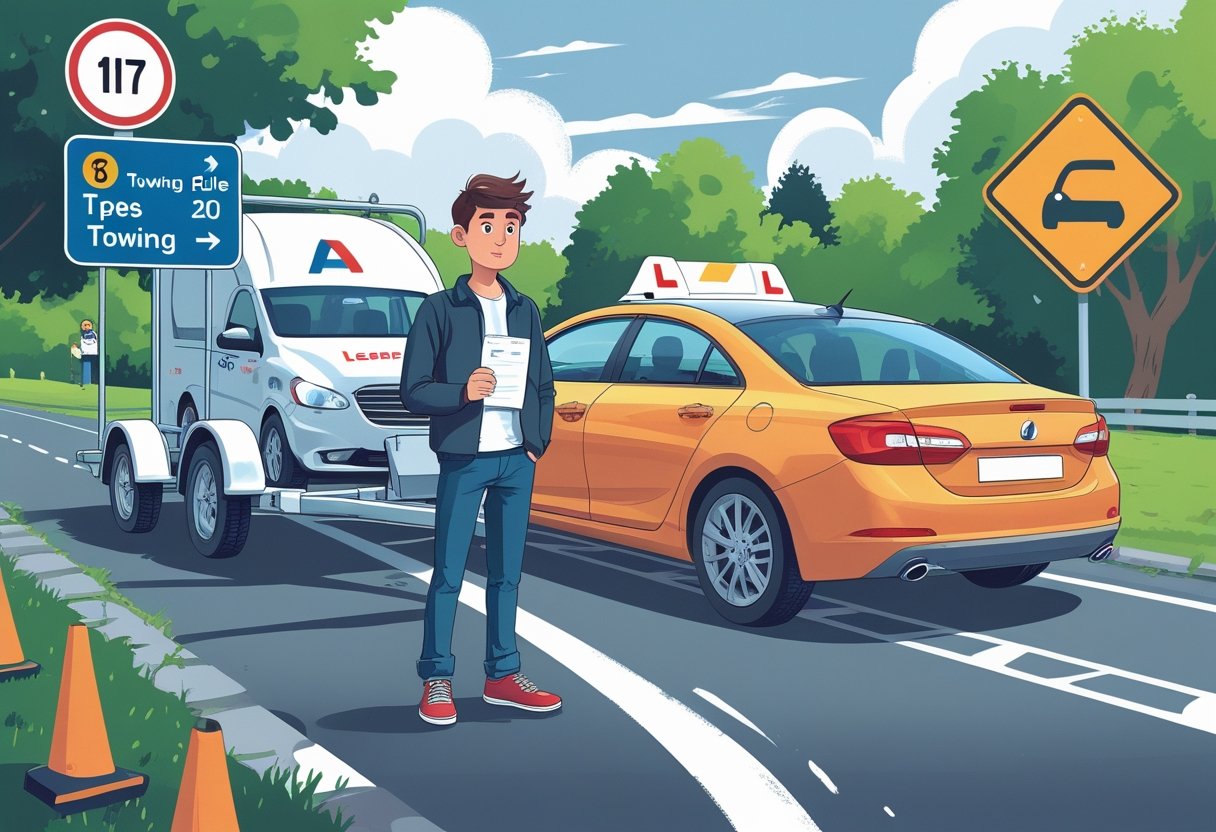 A young driver with a provisional licence standing beside a car towing a trailer on a suburban road with road signs about towing rules.