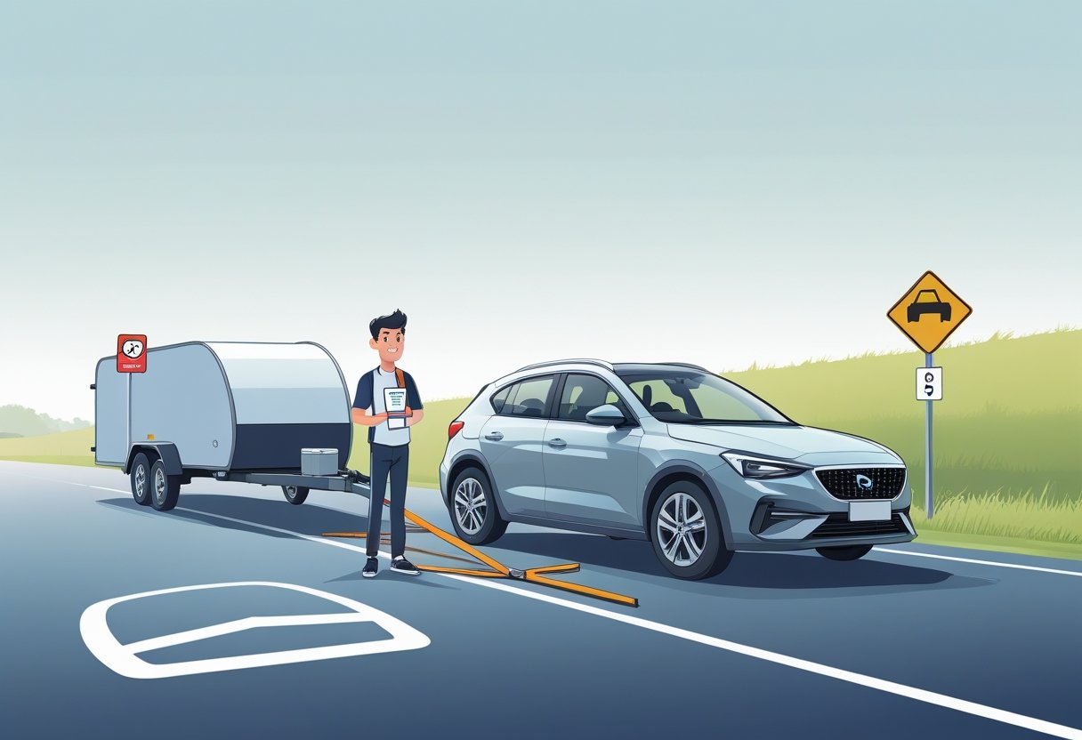 A young driver with a provisional licence standing beside a car towing a trailer on a clear road with towing restriction signs nearby.