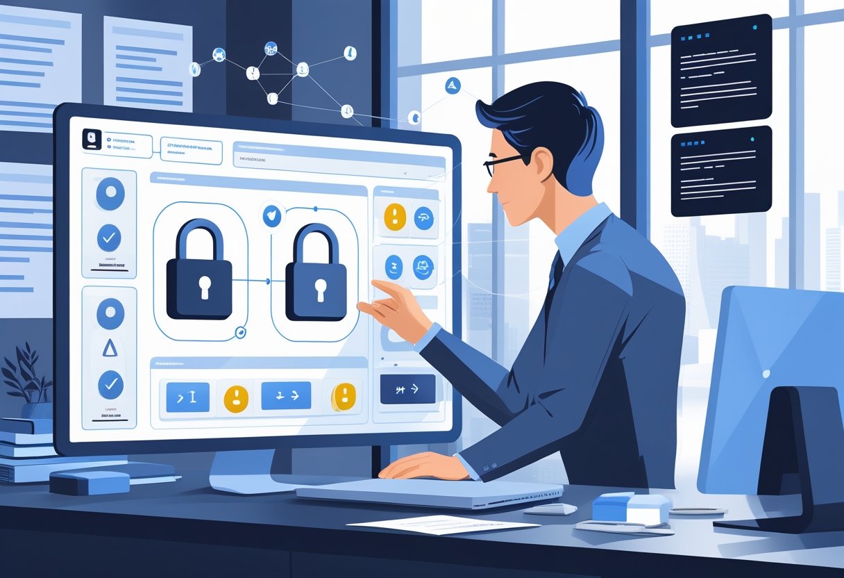 A person analysing a digital dashboard showing icons of licences, padlocks, and warnings in an office setting.