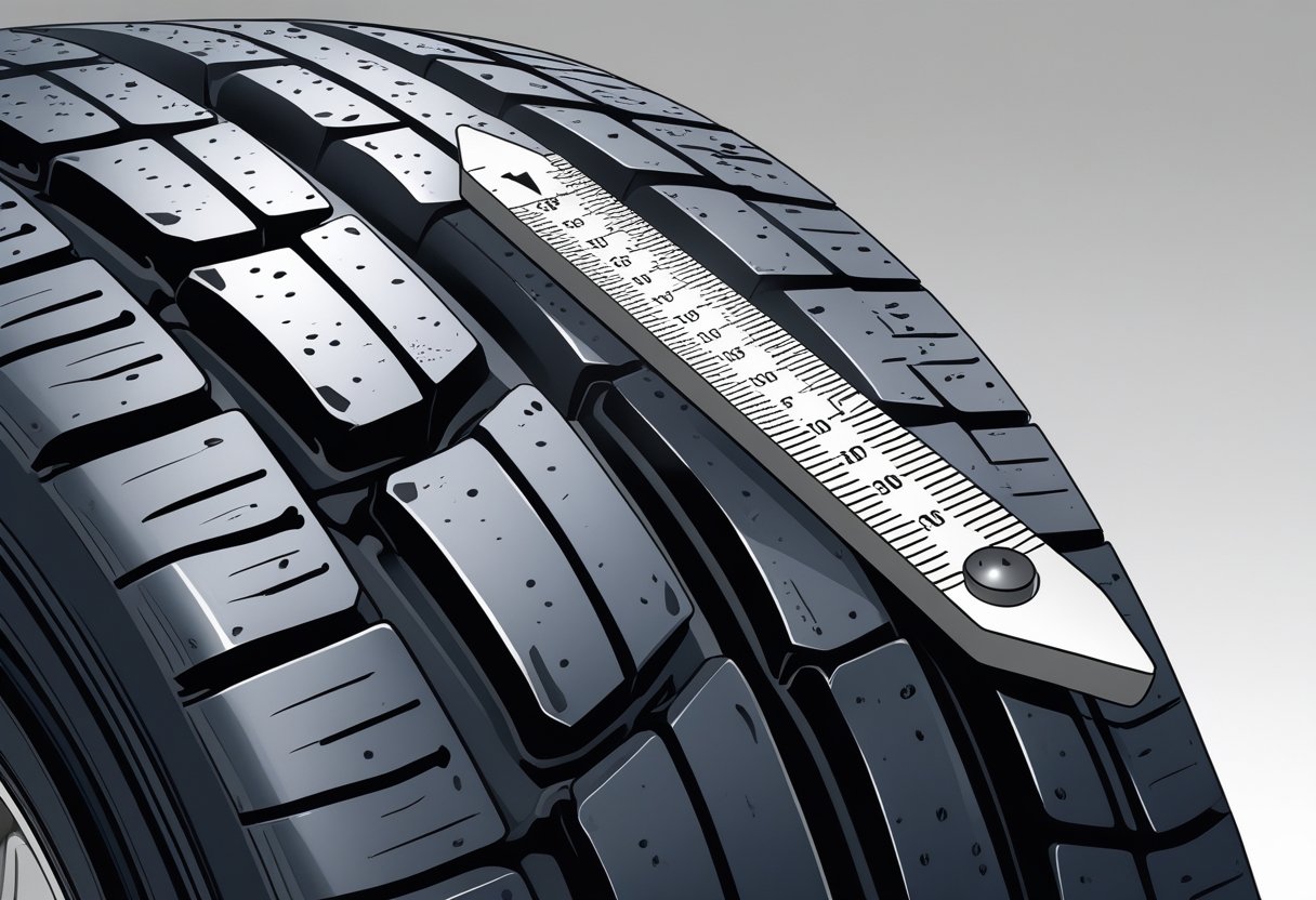 Close-up of a car tyre tread with a measuring tool showing the depth of the tread.