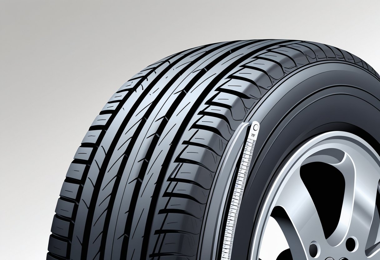 Close-up of a car tyre with a measuring tool showing the tread depth on the tyre surface.