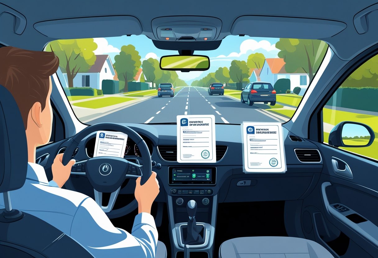 View inside a car during a driving lesson showing important documents on the passenger seat and dashboard with a driving instructor and learner visible through the windshield.