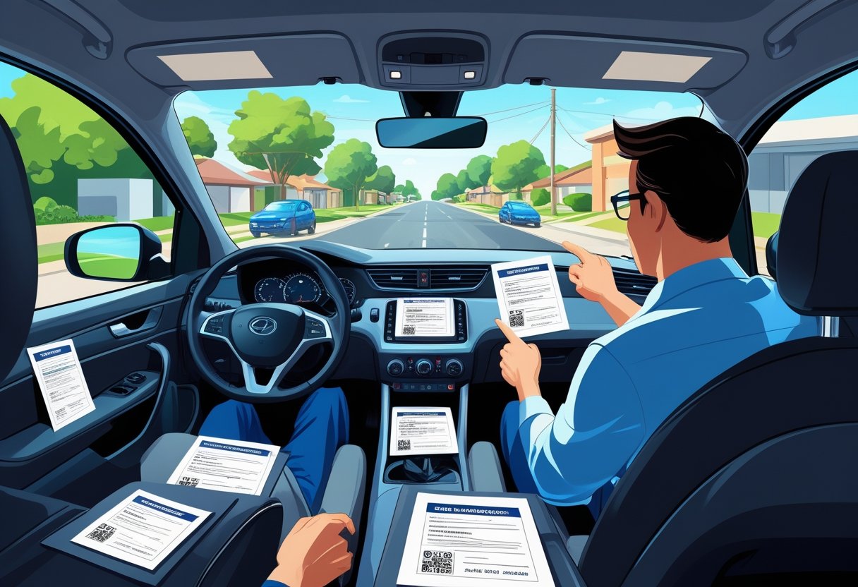 A learner driver and instructor inside a car with important driving lesson documents placed on the passenger seat.