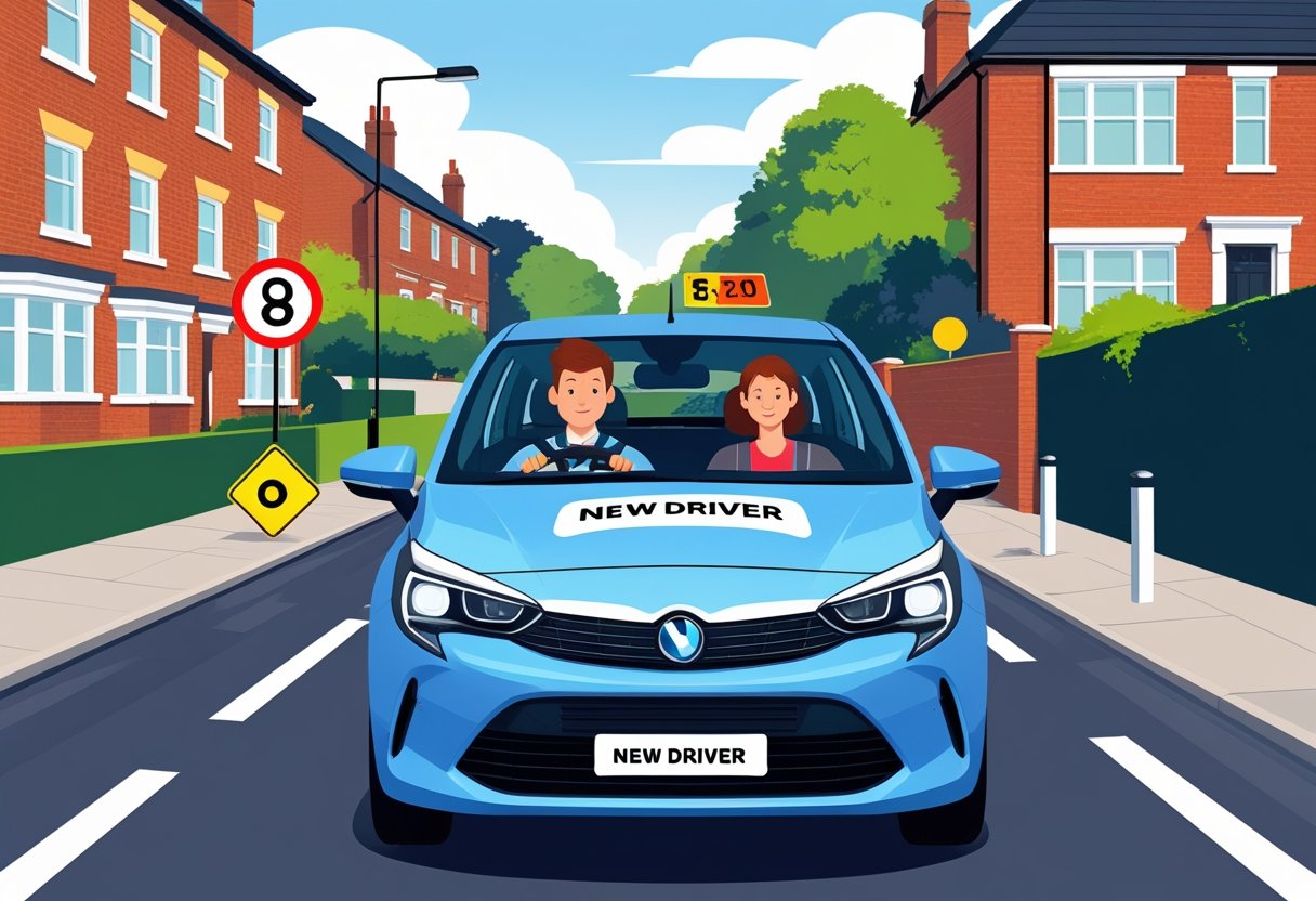 A new driver in a car with a passenger on a UK suburban road, surrounded by typical houses and road signs.