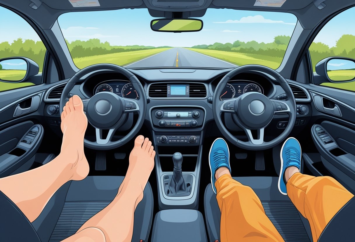 A person driving a car shown in two scenes: one barefoot and one wearing shoes, both focused on driving.