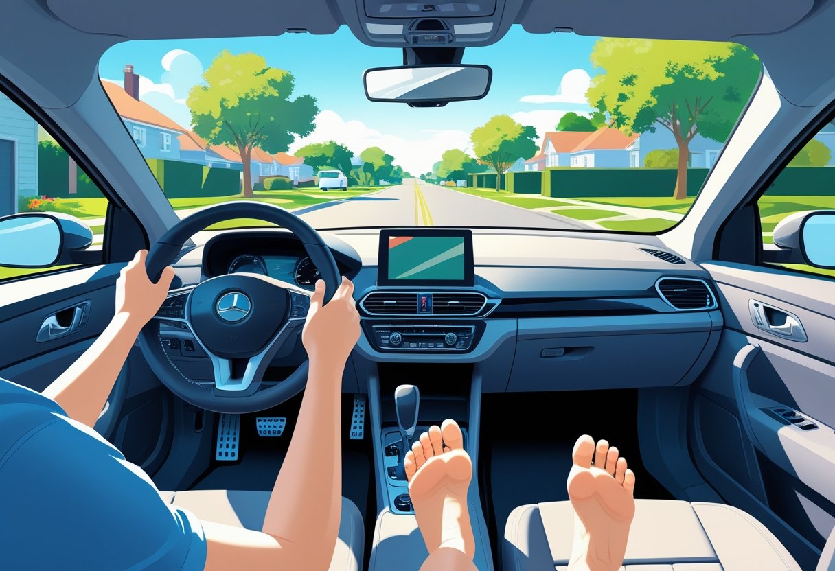 A close-up view of a driver’s bare feet on car pedals and hands on the steering wheel inside a modern car, with a suburban street visible through the windshield.