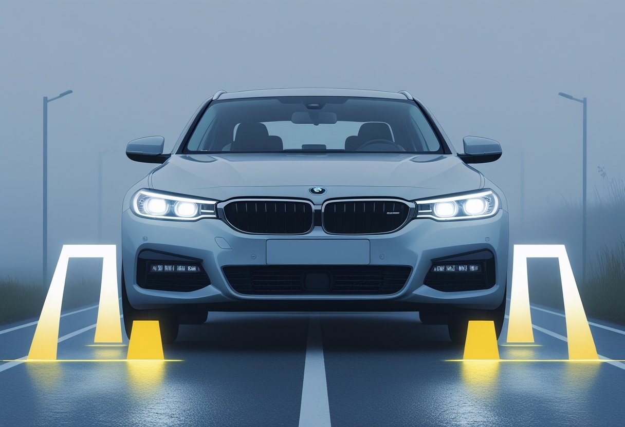 A front view of a car showing bright headlights shining forwards and lower fog lights casting a wide, soft light on a foggy road.