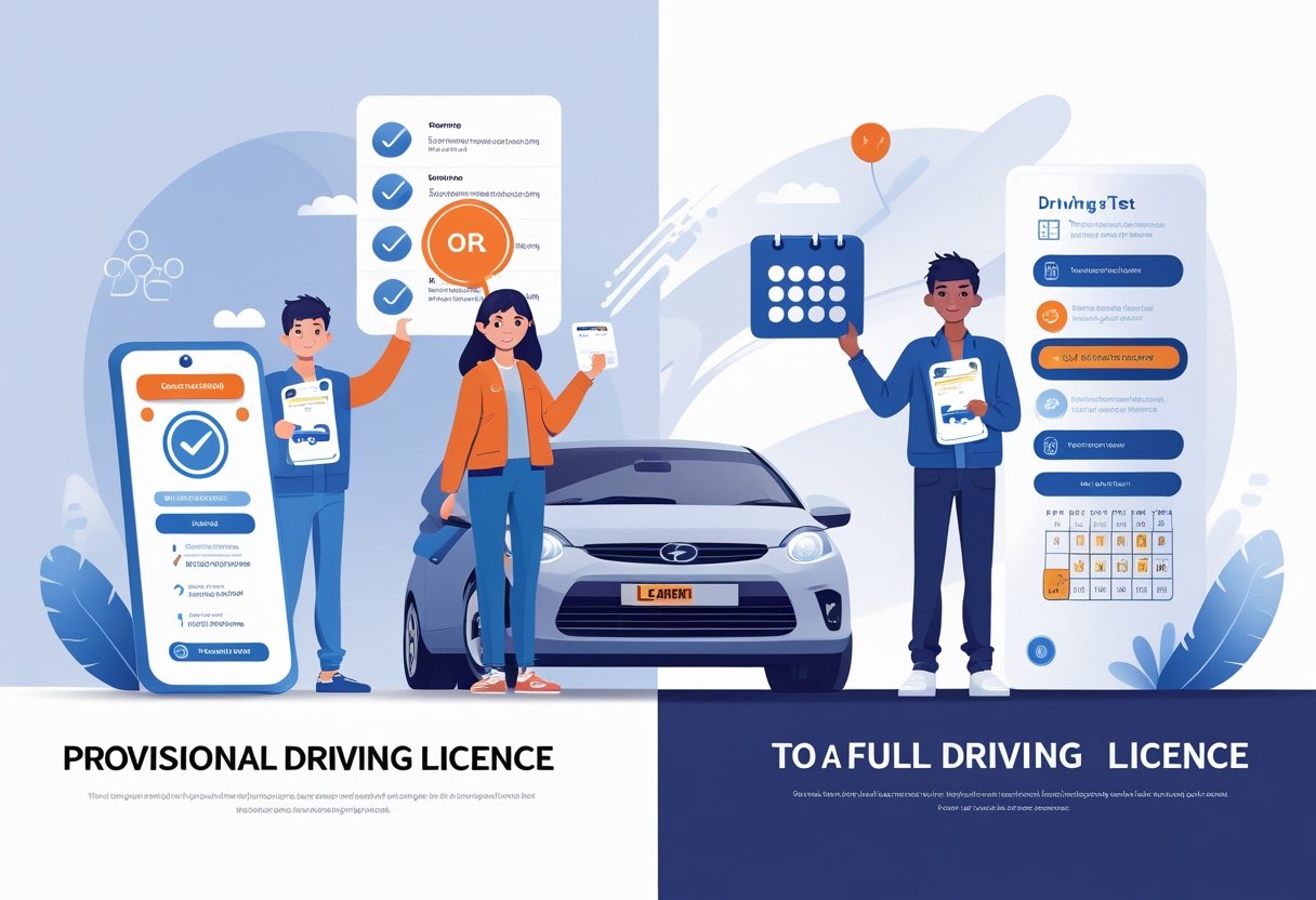 A young driver holding a provisional licence next to a learner car on one side, and the same driver holding a full licence next to a regular car on the other, with icons showing steps in between.