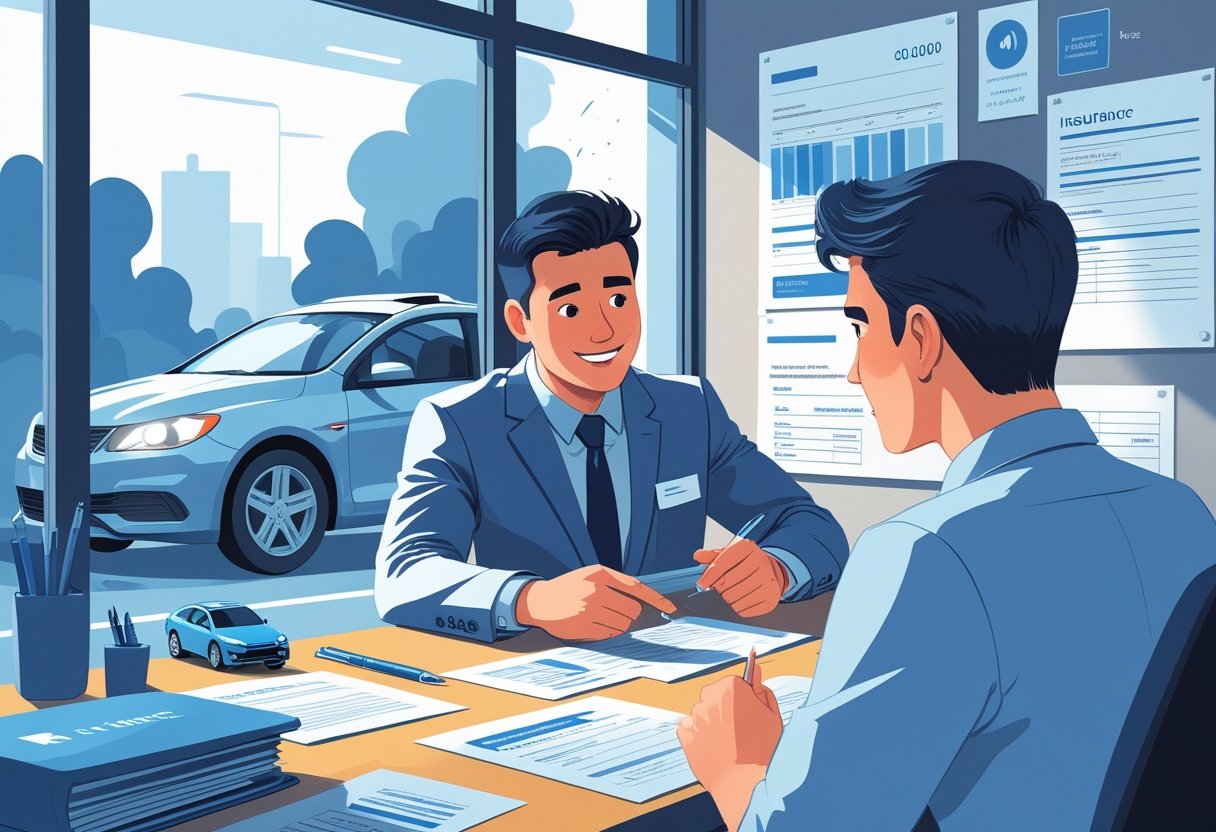 A young driver sitting with an insurance agent in an office, discussing car insurance documents with a car visible outside the window.