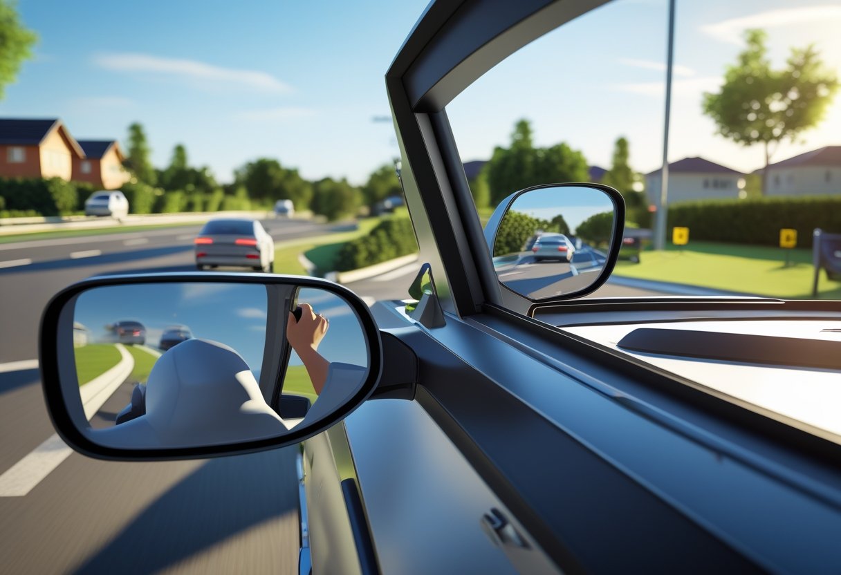 A car on a suburban road with the driver checking the side and rear-view mirrors while driving.