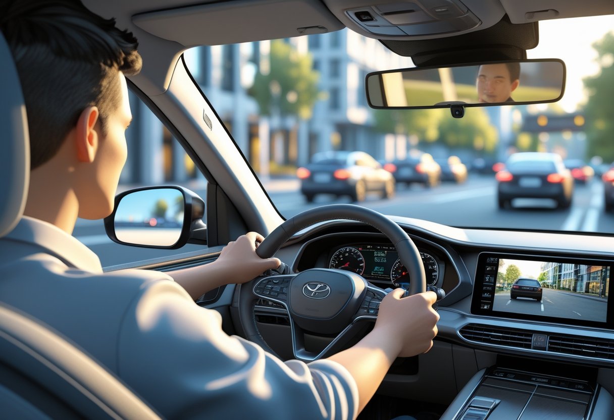 View from inside a car showing a driver checking the rear-view and side mirrors while driving on a busy urban street.