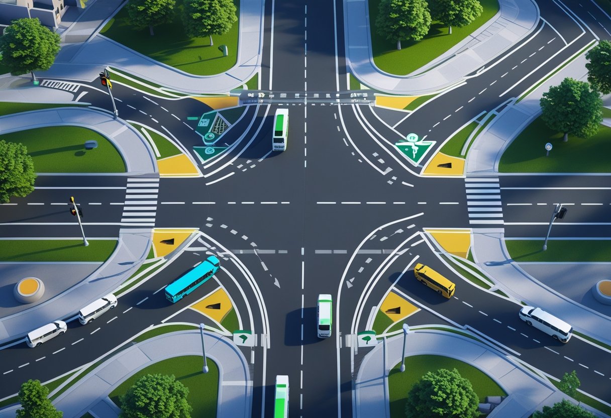 An aerial view of different road junctions including T-junctions, crossroads, and roundabouts with vehicles and traffic signs in a city setting.