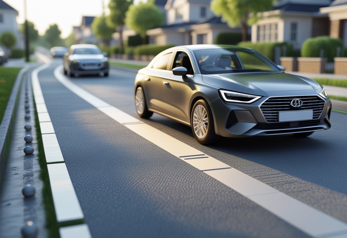 A car on a hill preparing to move off safely with another car parked nearby on a quiet suburban street.