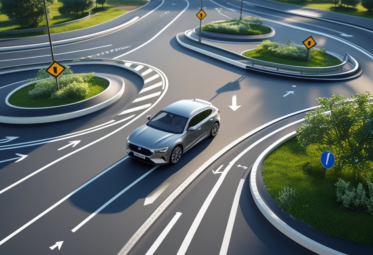 A car driving smoothly through a curved road and roundabout with clear lane markings and surrounding trees.