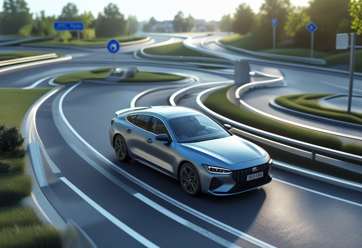 A car smoothly driving through bends and roundabouts on a suburban road, maintaining control and proper lane positioning.
