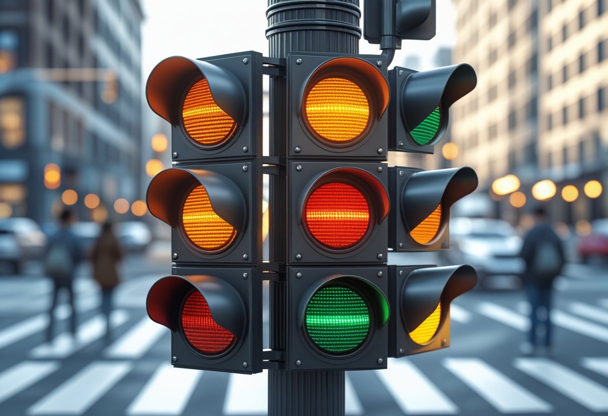 Close-up views of a traffic light showing amber light, red and amber lights together, and a green filter arrow pointing right at a city intersection.