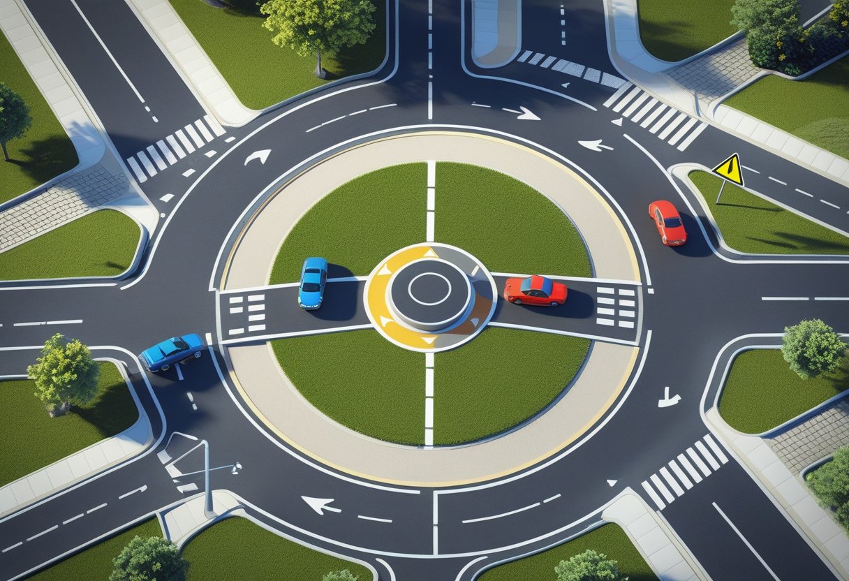 A mini roundabout at a small intersection with cars showing correct priority, including one car waiting to enter and another circulating the roundabout, surrounded by roads, signs, and greenery.
