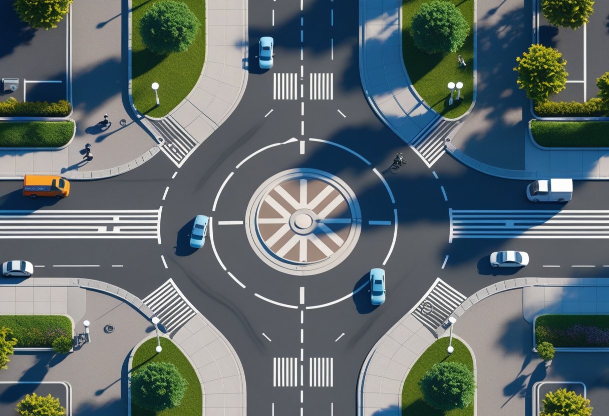 A small roundabout with four roads, cars and bicycles moving around it, pedestrian crossings, sidewalks with people waiting, and nearby buildings and trees.