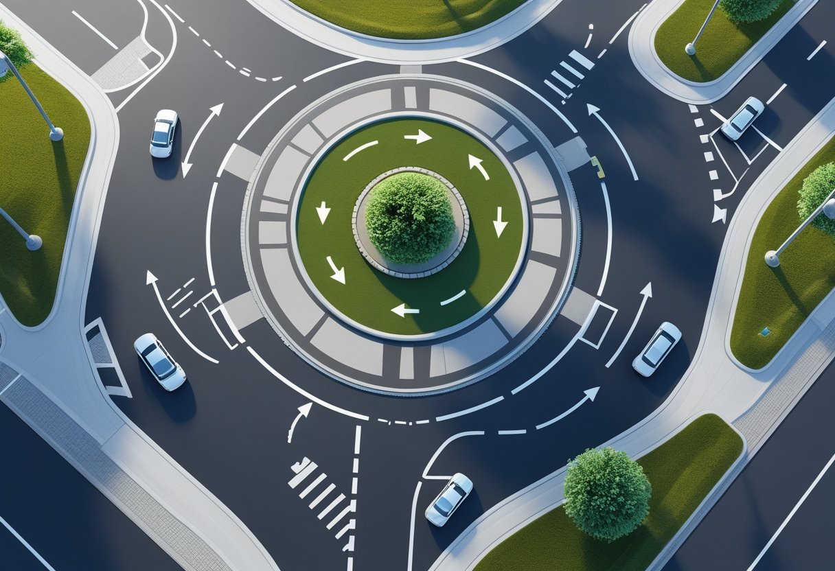 Bird's-eye view of a mini roundabout with vehicles navigating the circular intersection, showing correct traffic flow and priority rules.