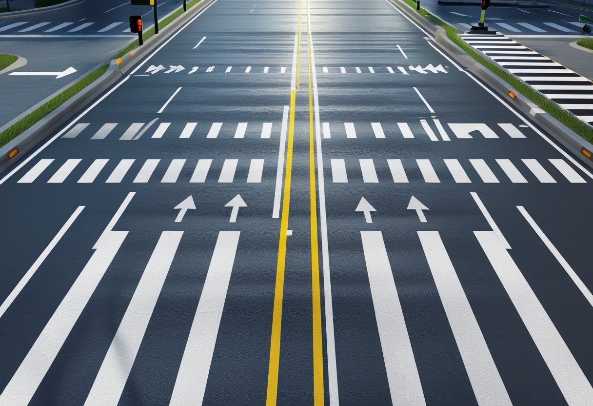 A multi-lane road intersection showing various white line road markings including broken, solid, and double lines, directional arrows, and yellow box junction markings.