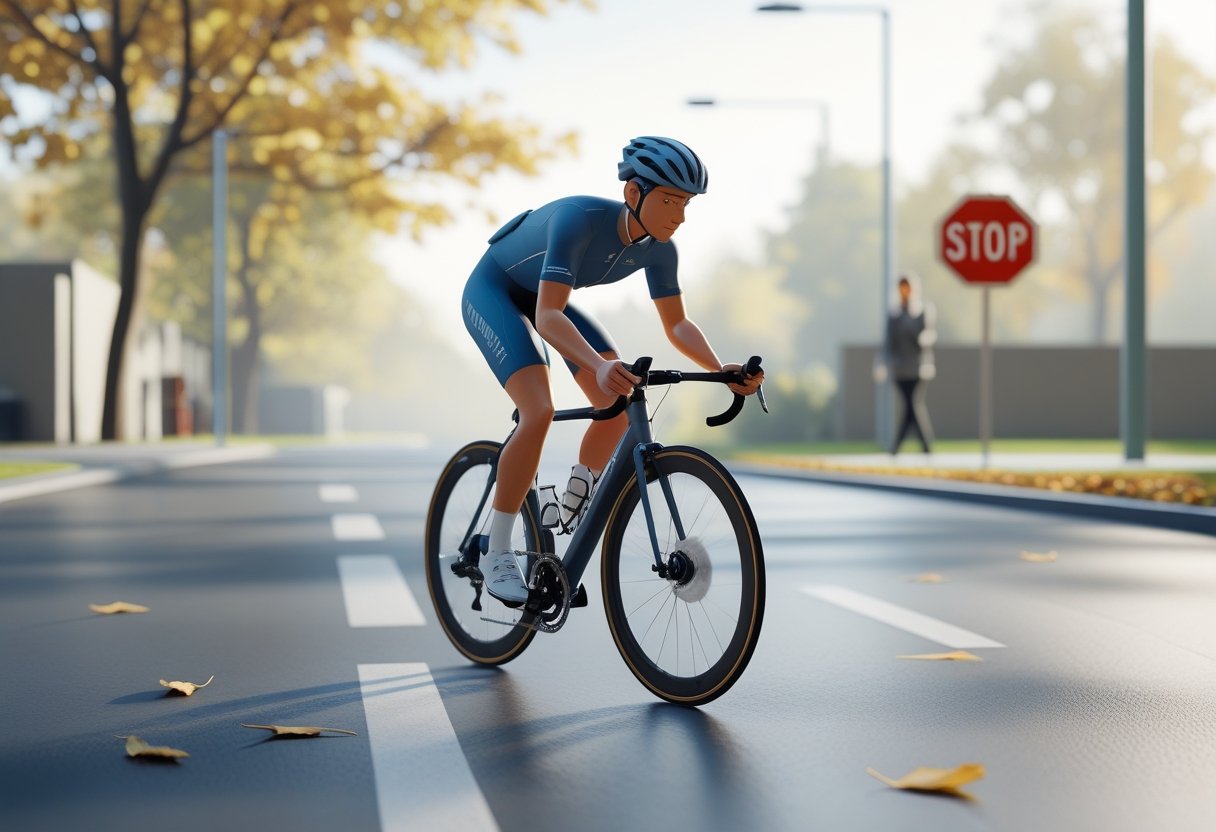 A cyclist calmly applying brakes to stop on a quiet suburban street, with balanced posture and clear surroundings including a stop sign and pedestrian crossing.
