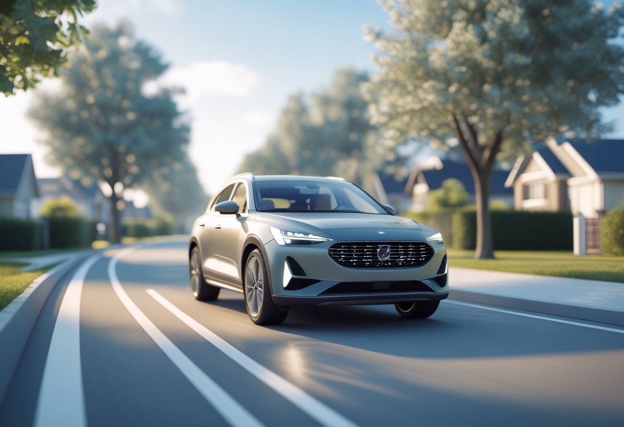 A car gently slowing down on a quiet suburban road with a calm driver inside.