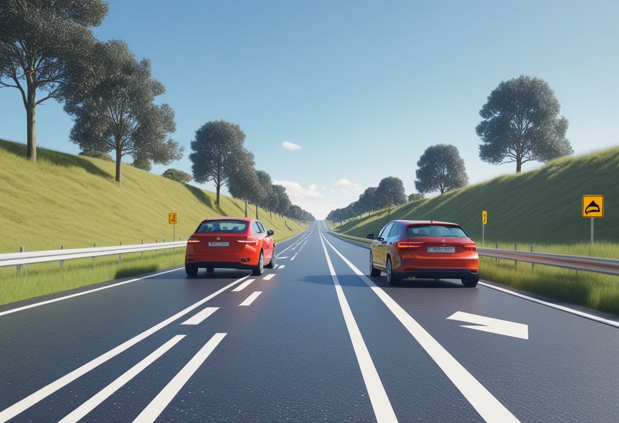 A red car signalling to overtake a slower white car on a clear single-lane rural road with visible road markings and no oncoming traffic.