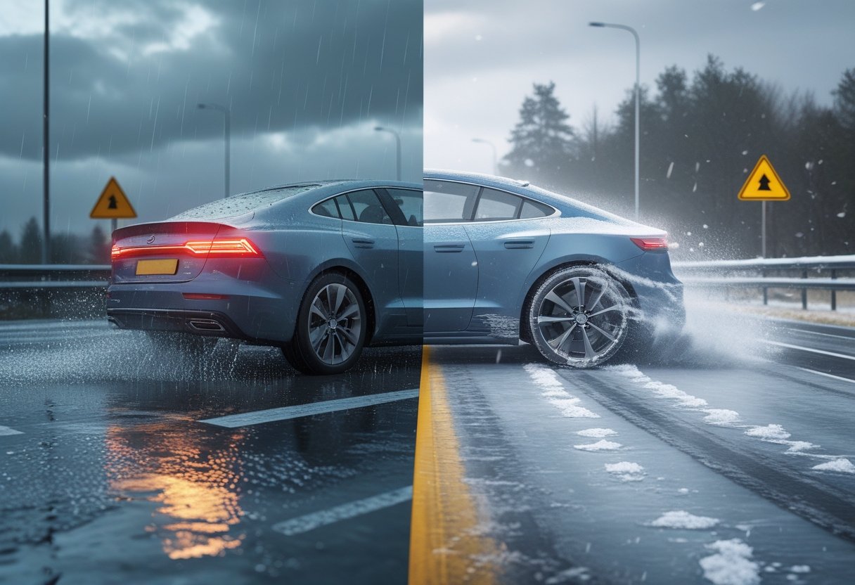 A car braking on a road split into wet and icy sections, showing water and ice on the surface with cloudy sky above.