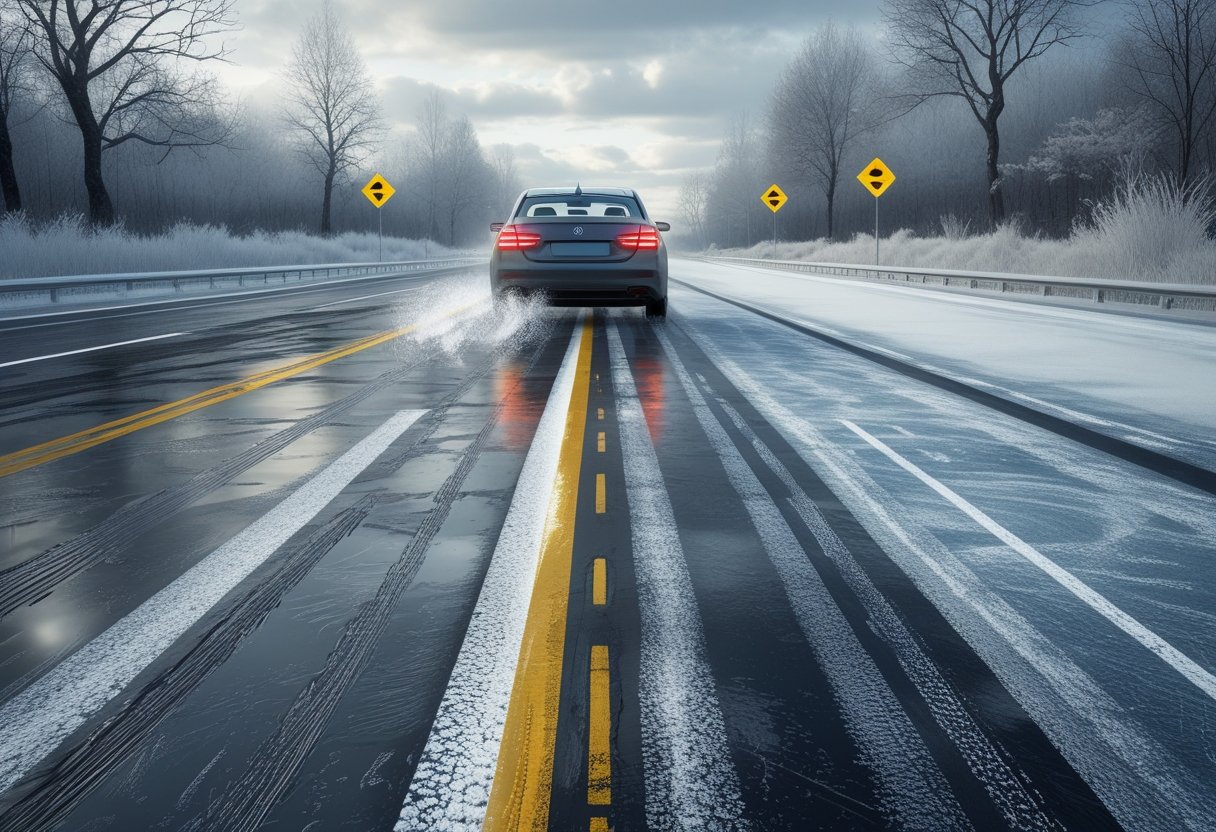 A car braking on a wet and icy road with visible water and ice on the surface, showing different stopping distances in cold weather conditions.