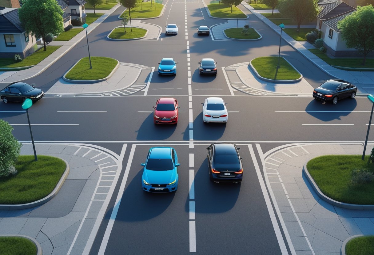 A suburban four-way intersection without traffic signs showing four cars approaching from each road, illustrating an unmarked crossroads situation.