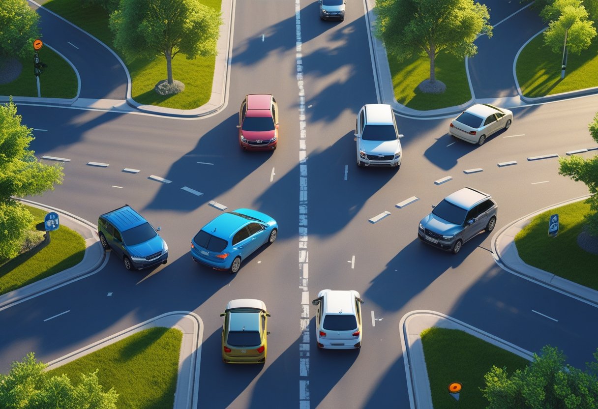 An unmarked crossroads with four vehicles approaching from each direction, showing a moment of hesitation without any traffic signs or road markings.