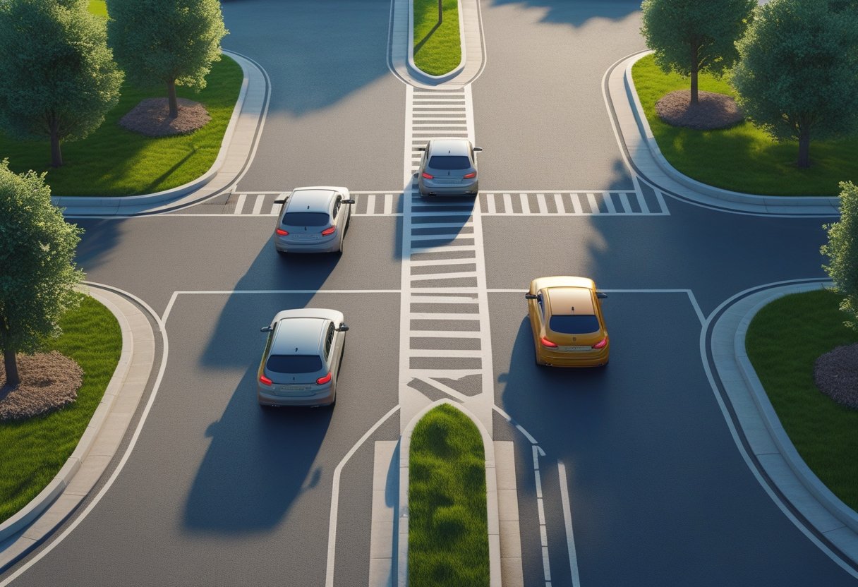 Two cars approaching an unmarked four-way crossroads in a suburban area, both slowing down to decide who has priority.