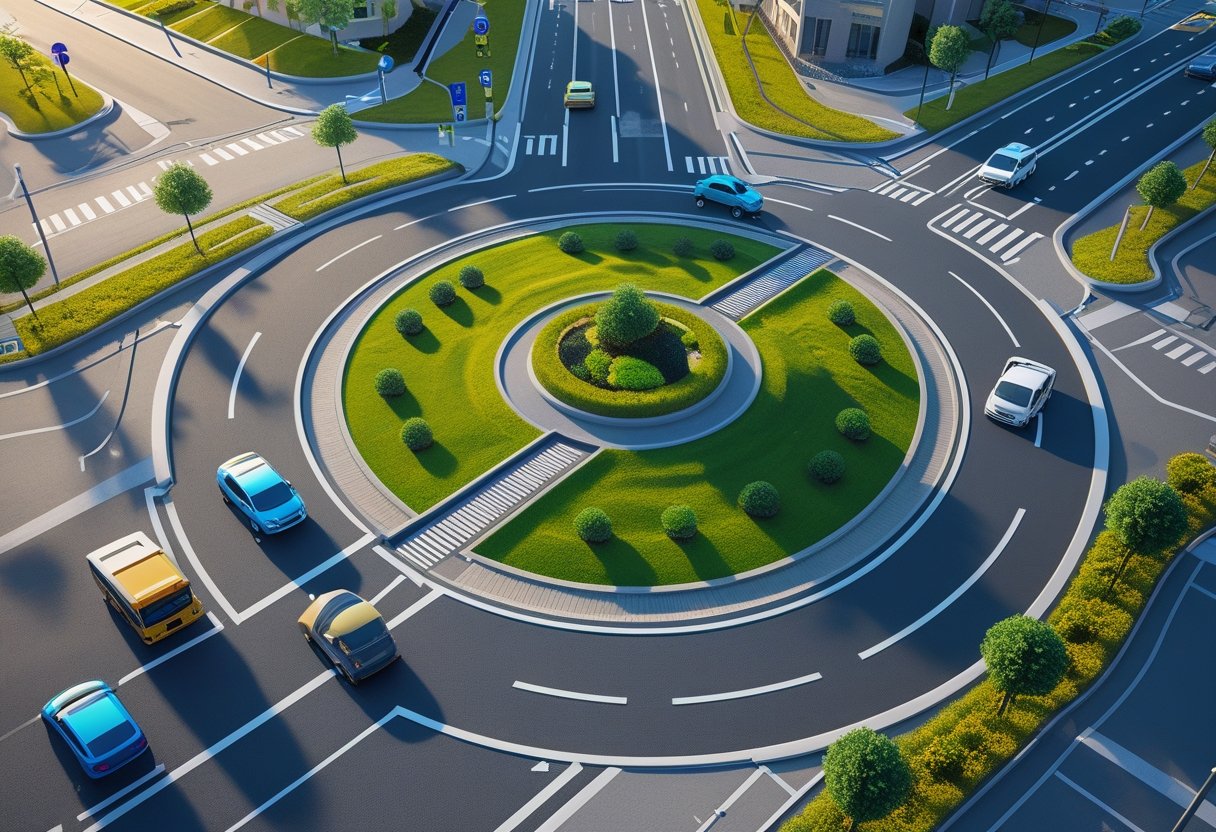 A top-down view of a multi-lane roundabout with vehicles in two lanes navigating around a central island surrounded by roads and urban features.