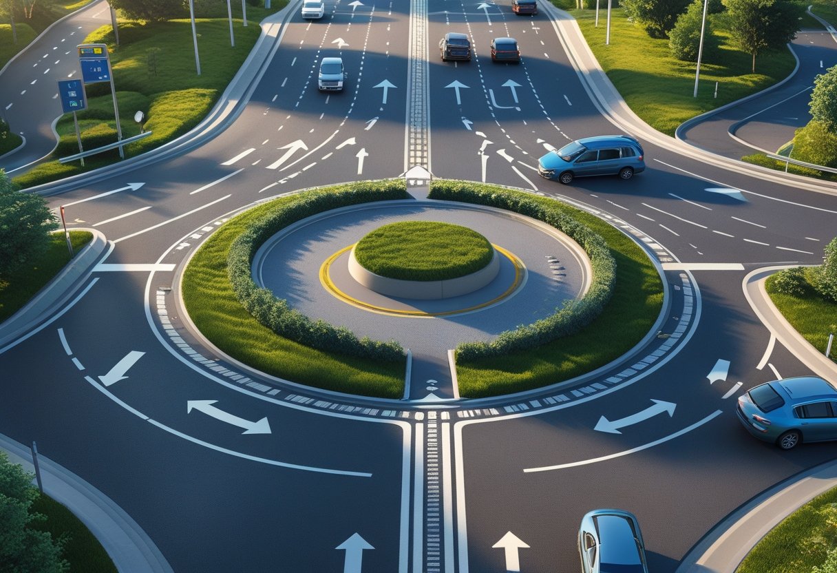View of a multi-lane roundabout with cars positioned in different lanes approaching the roundabout, showing clear lane markings and the central circular island.