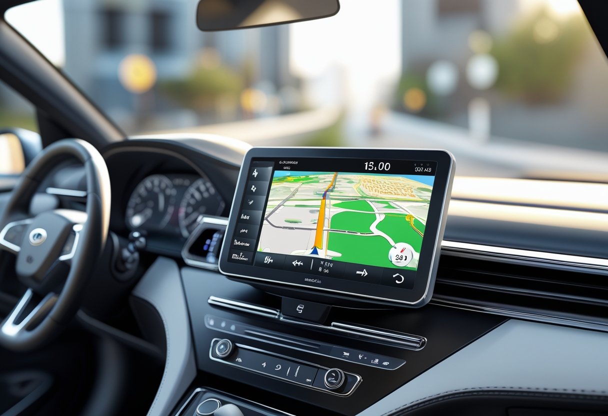 View of a car dashboard with a sat-nav device showing a map and route directions, with a city street visible through the window.