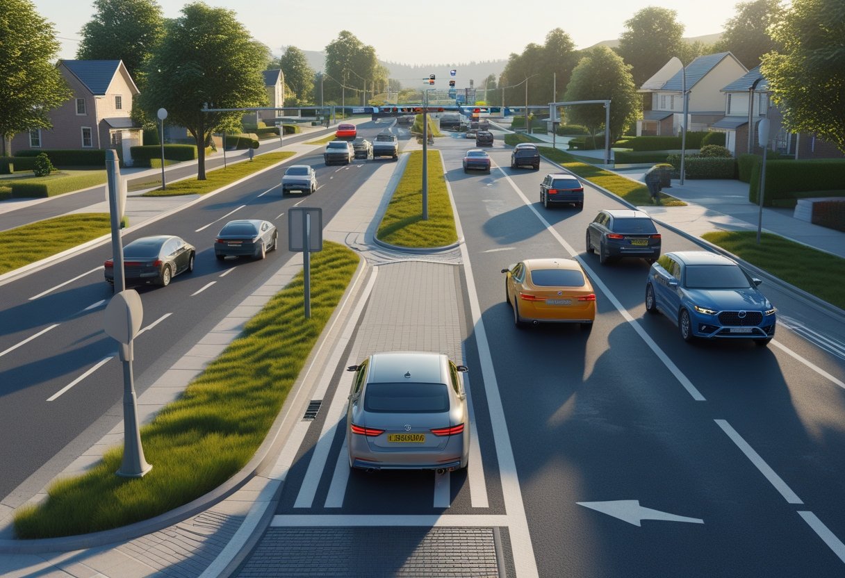 A car waiting at a side road junction, looking towards moving vehicles on a main road in a suburban area.