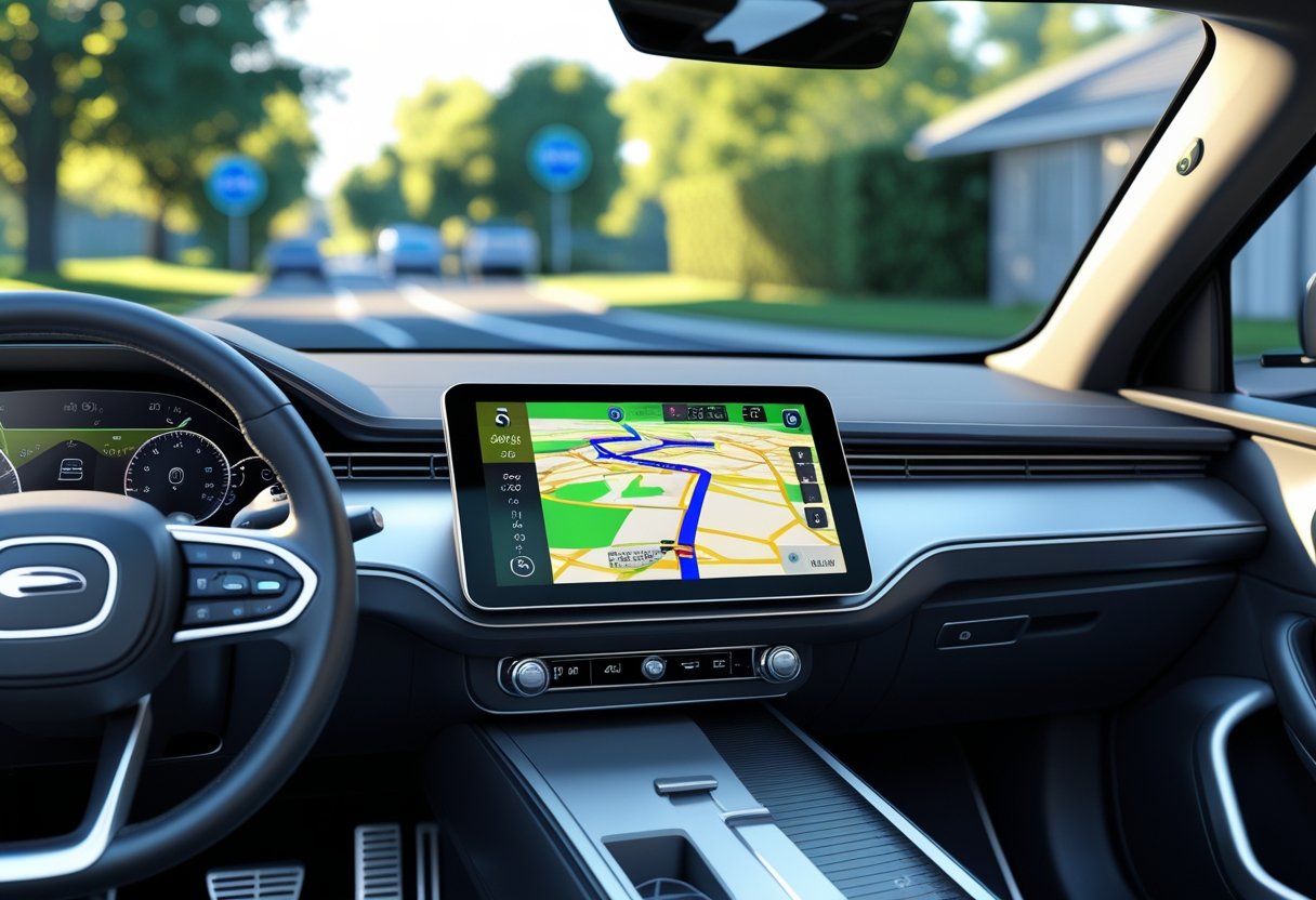 View of a car interior showing a sat-nav device with a map and route displayed, looking out onto a suburban road.