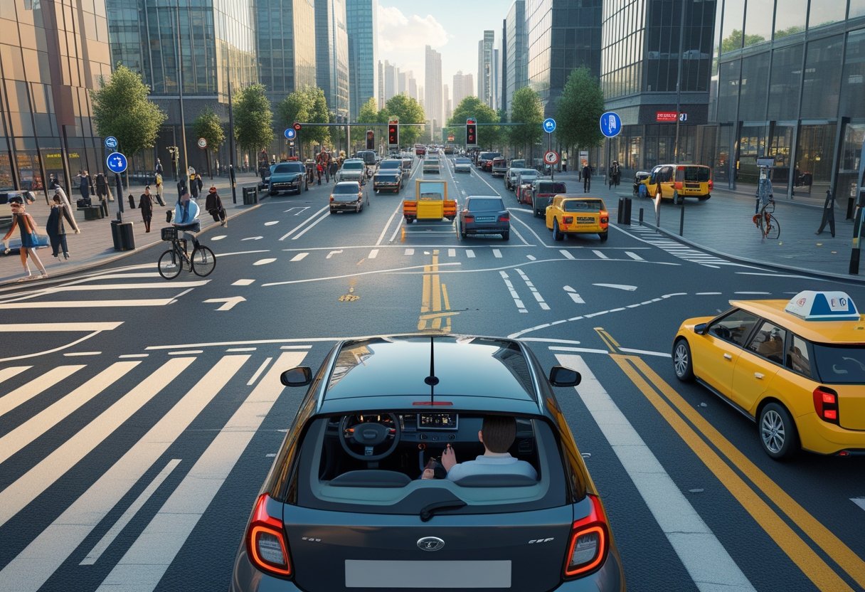 A learner driver in a car navigating a busy city centre street with traffic lights, pedestrians, cyclists, and tall buildings around.