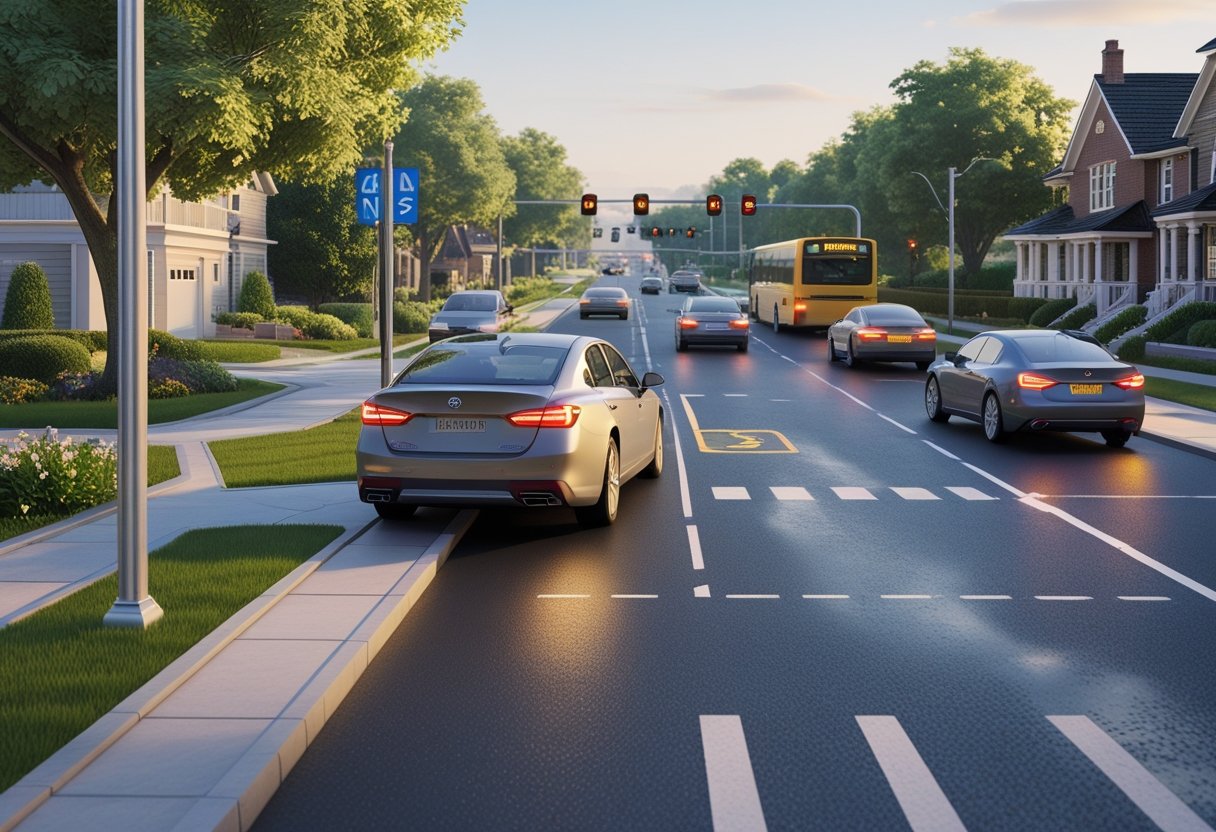 A car reversing out of a driveway onto a busy road with cars, a bus, and a cyclist approaching in both directions.