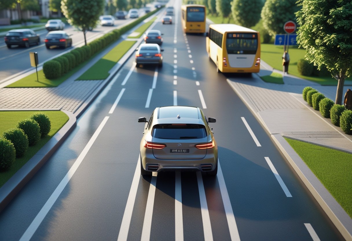 A car reversing out of a driveway onto a busy road with vehicles passing in both directions and pedestrians nearby.