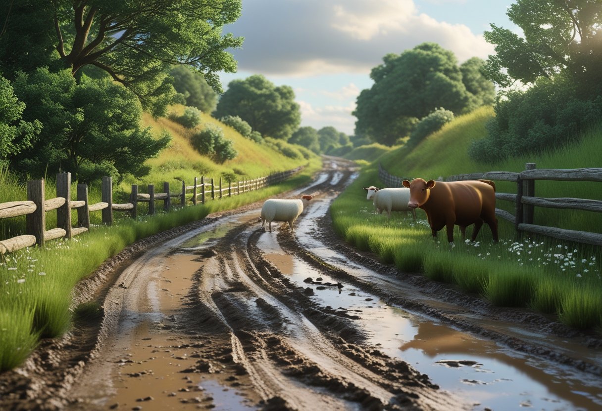 A narrow dirt country road with mud patches and farm animals near the roadside, surrounded by green plants and wooden fences under a partly cloudy sky.