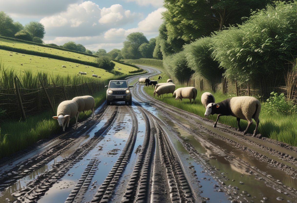 A narrow muddy rural road with farm animals near the roadside and a small vehicle carefully driving through.