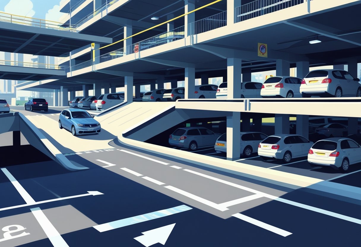 A multi-storey car park with cars parked on different levels and a vehicle navigating a tight turn on a ramp connecting the floors.
