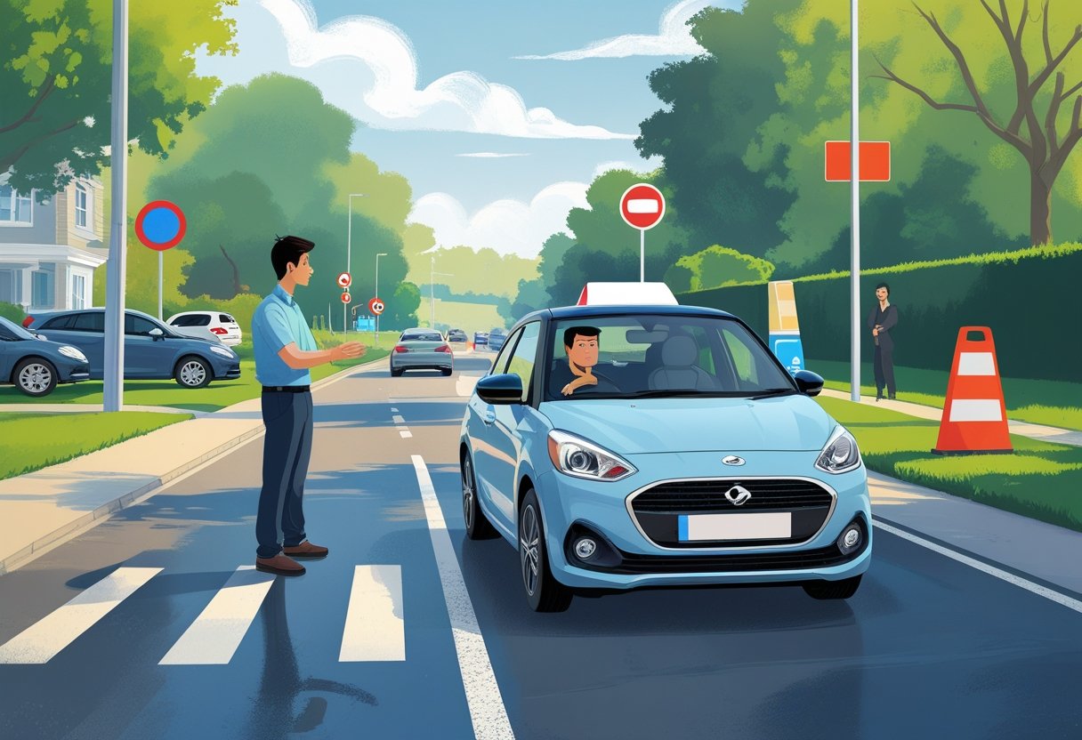 A young driver practising driving with an instructor in a car on a suburban street with road signs and traffic lights.