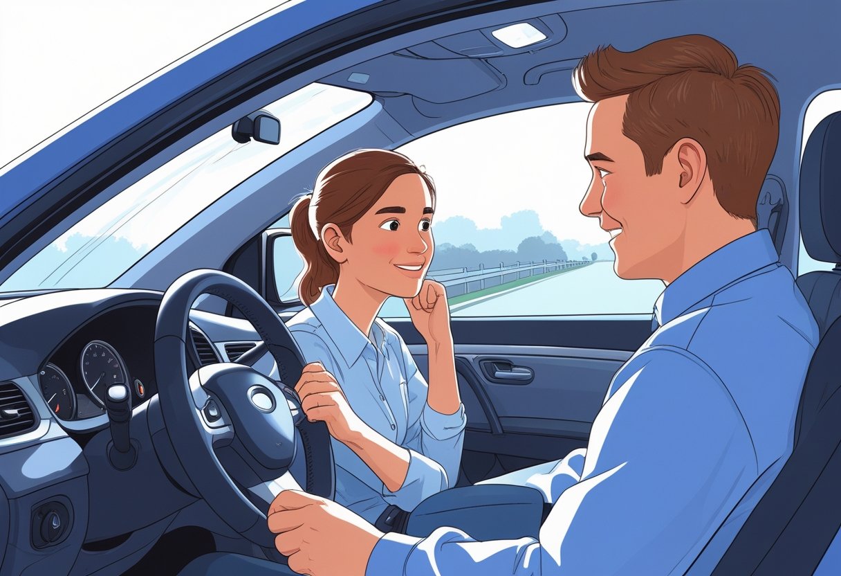 A learner driver and a driving examiner sitting inside a car, communicating during a driving test.