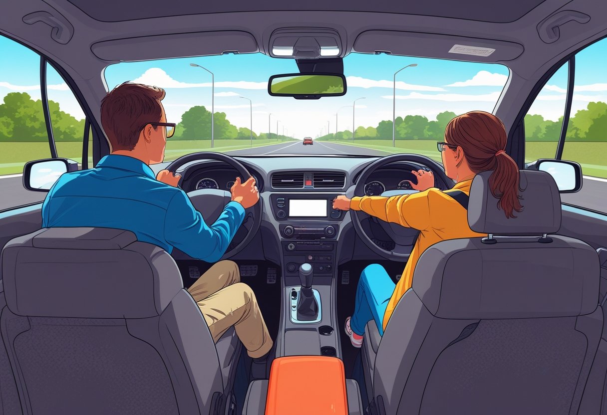 A car interior split into two scenes showing a student driver with a driving instructor on one side and a student driver with a passenger on the other, highlighting different emotions during a mock driving test.
